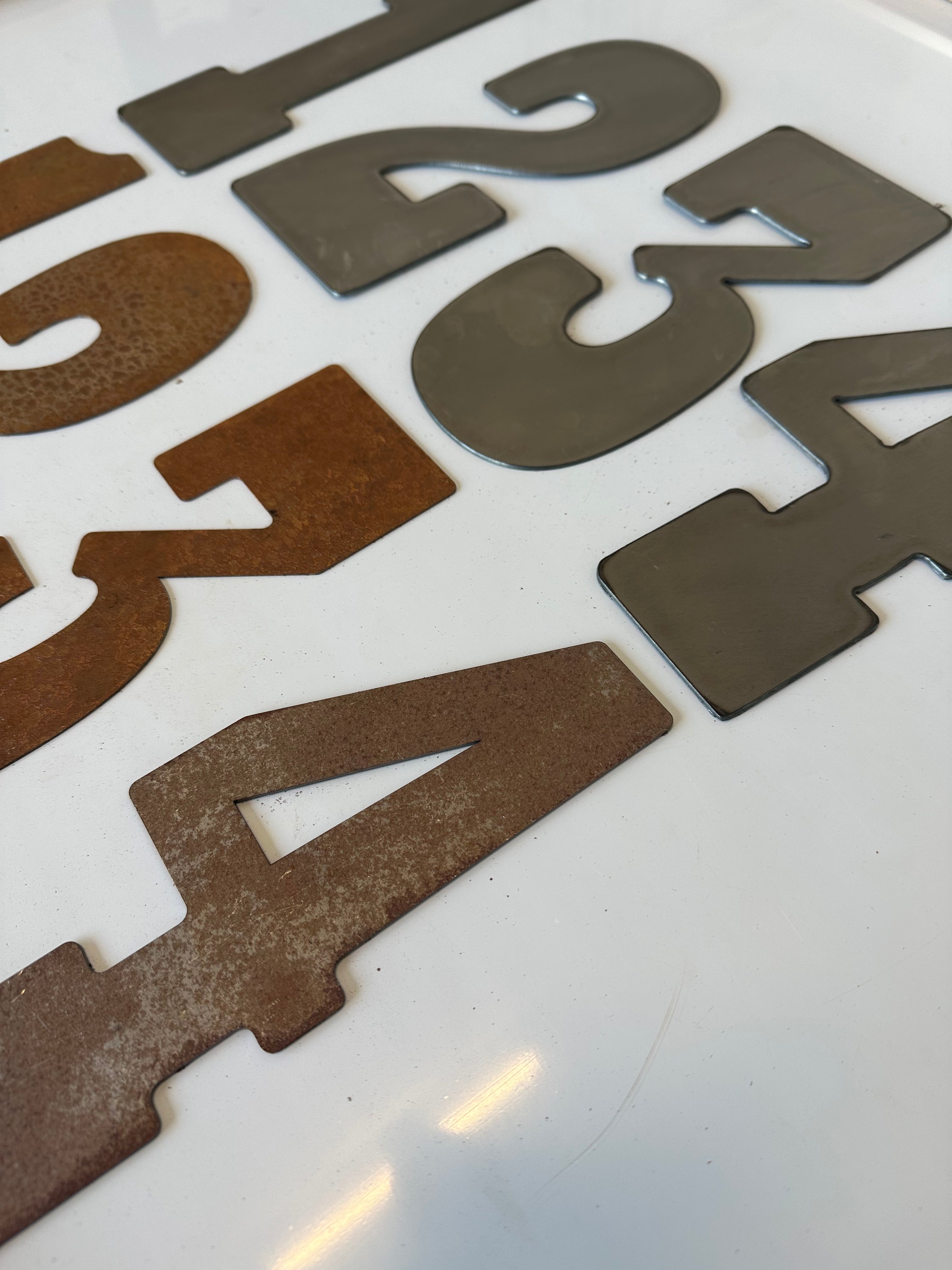 8 Inch Clock Number Set - Includes Numbers 1-12 - Rusty or Natural Steel Finish - Playbill Font