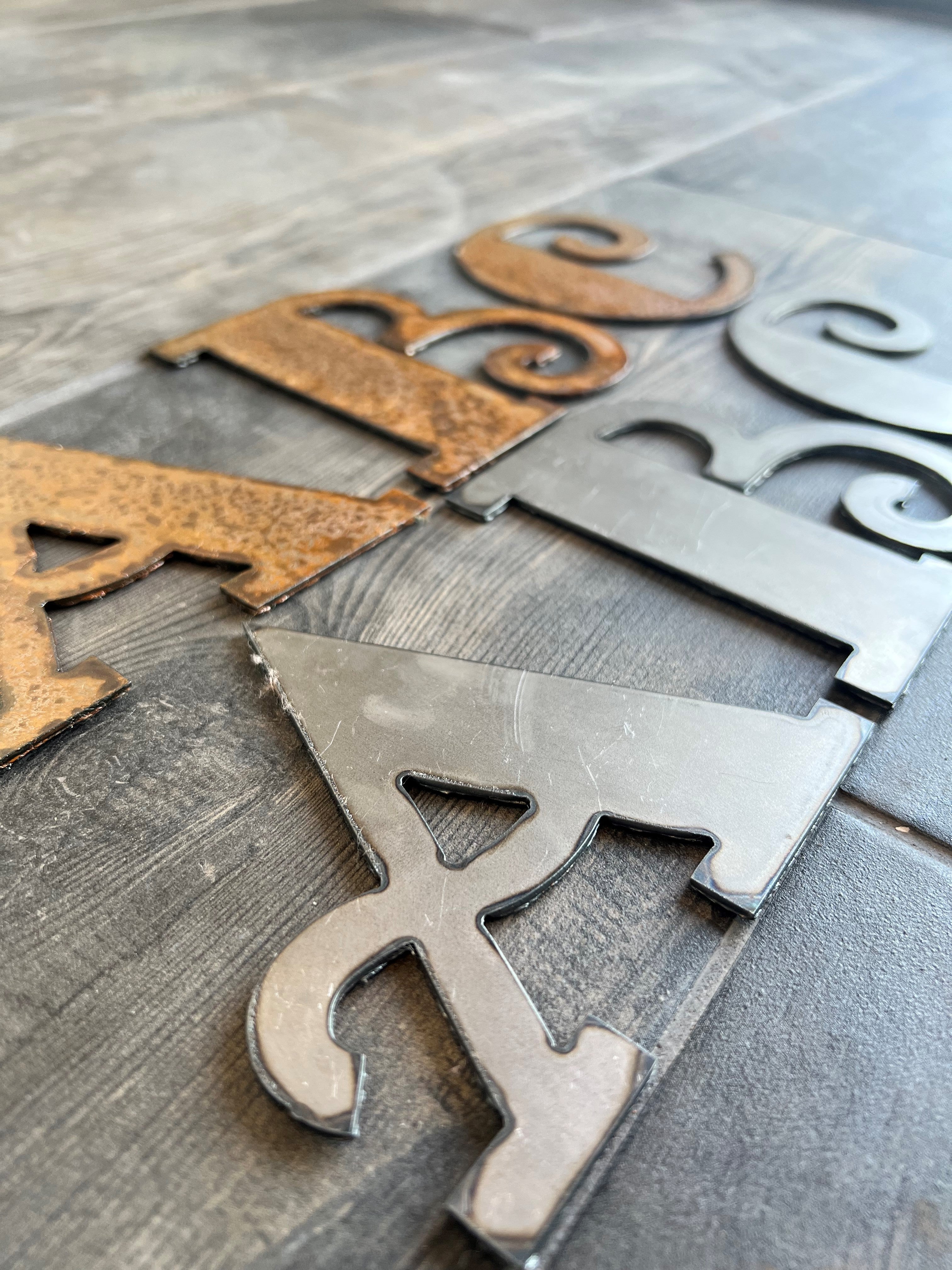 4 Inch Metal Letters and Numbers - Rusty or Natural Steel Finish - Fancy Pants Font