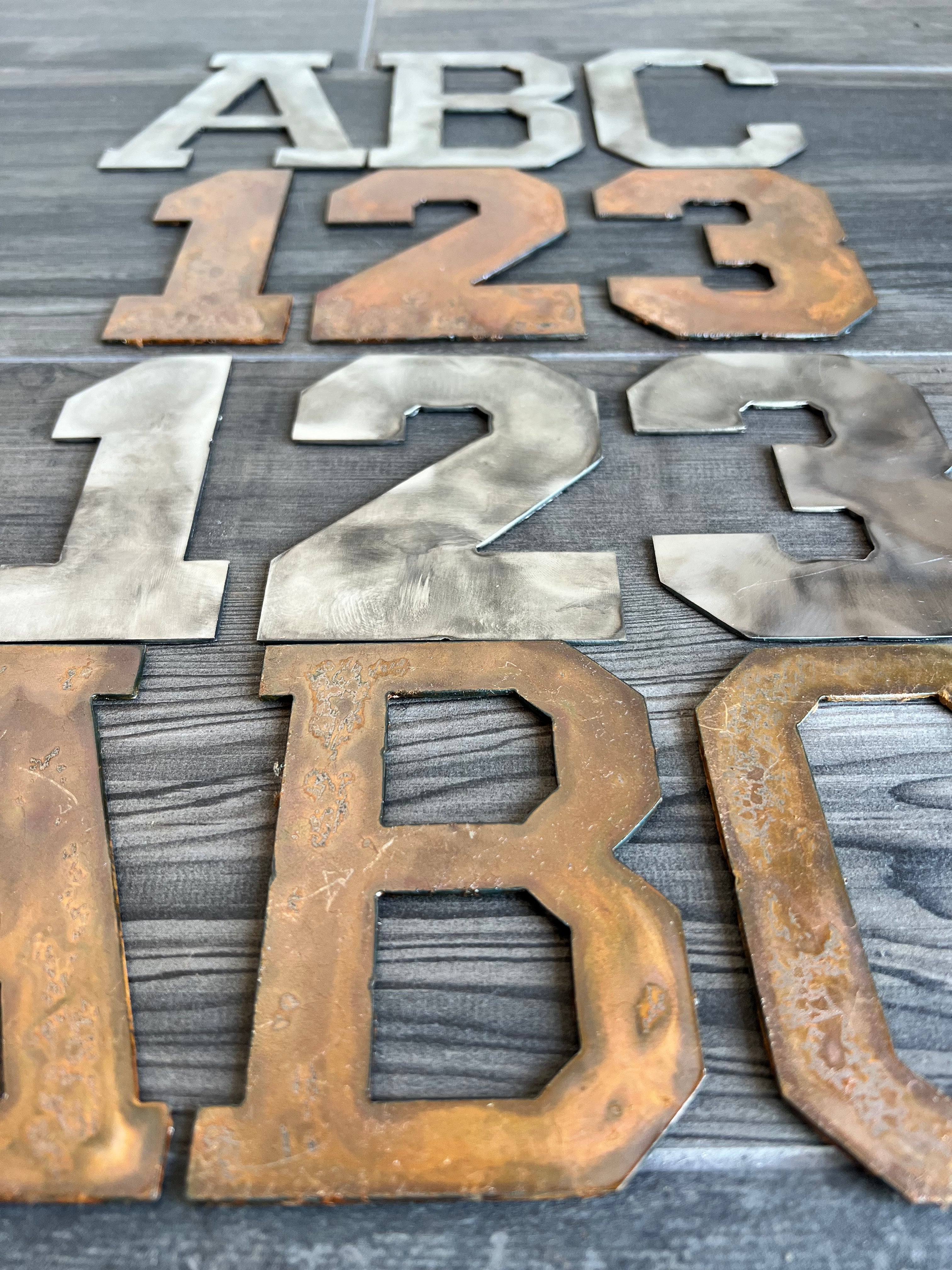 10 Inch Metal Letters and Numbers - Rusty or Natural Steel Finish - Varsity Font