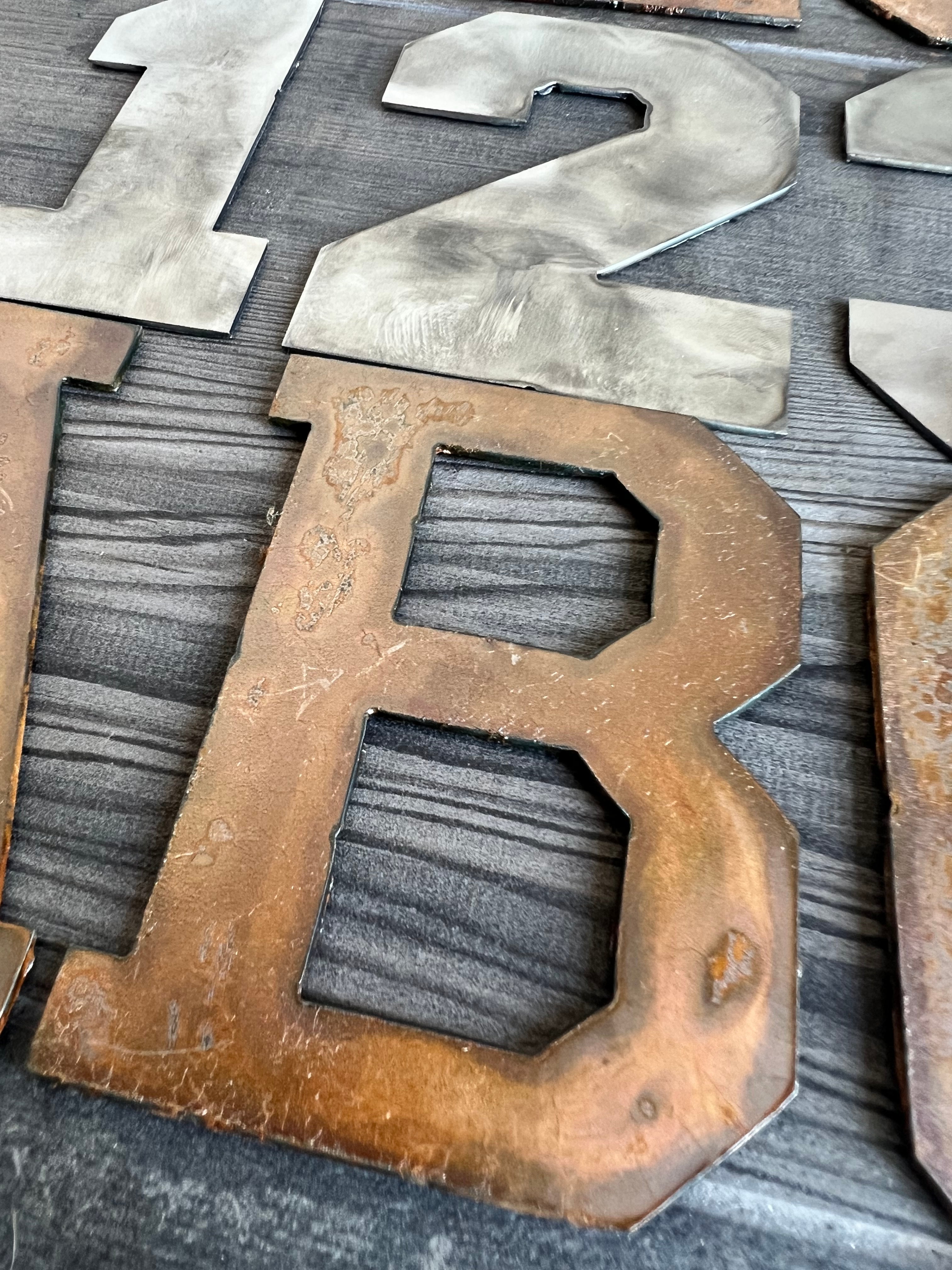 10 Inch Metal Letters and Numbers - Rusty or Natural Steel Finish - Varsity Font