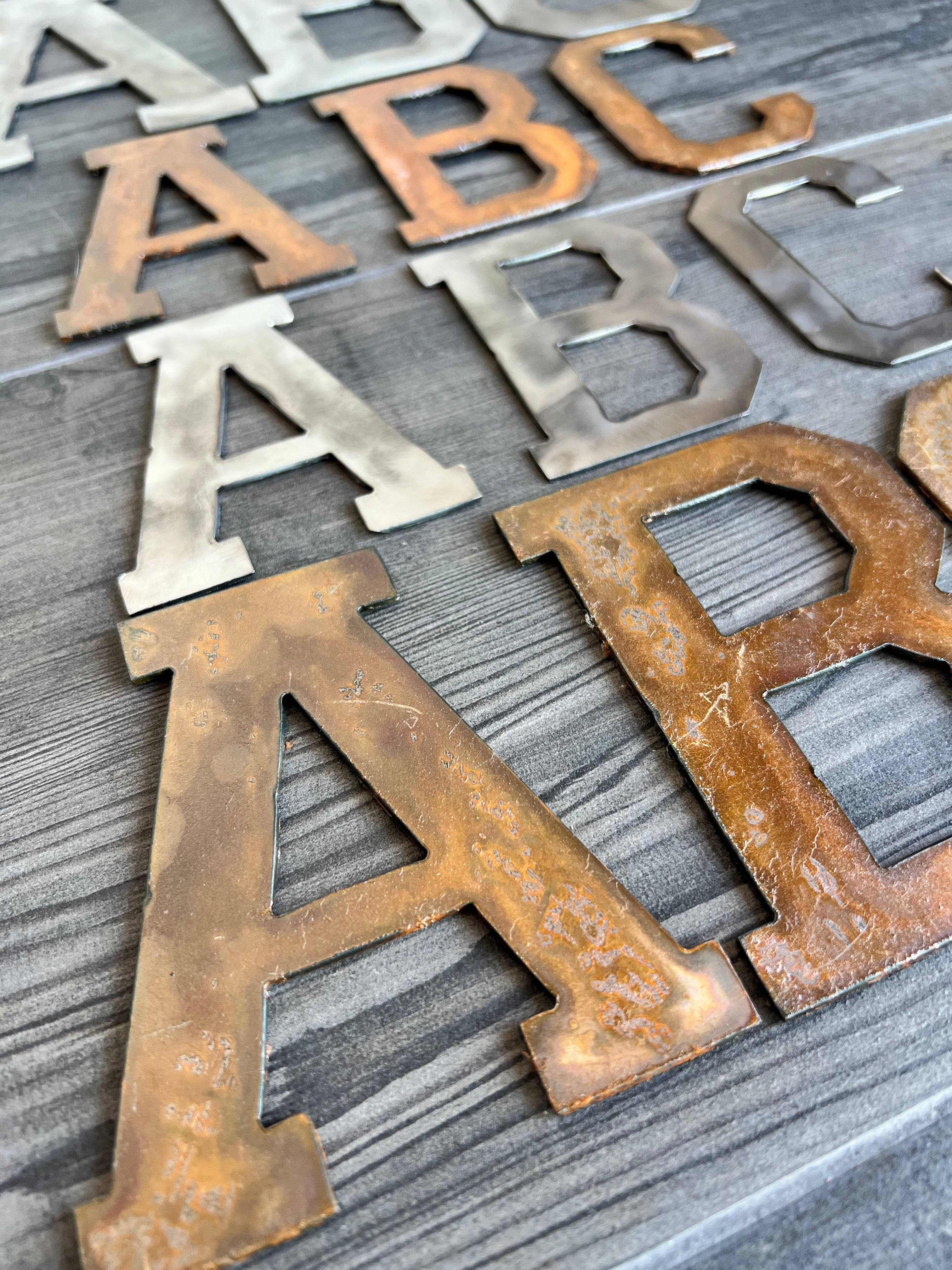 8 Inch Metal Letters and Numbers - Rusty or Natural Steel Finish - Varsity Font