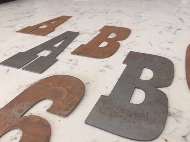 12 Inch Metal Letters and Numbers - Rusty or Natural Steel Finish - Playbill